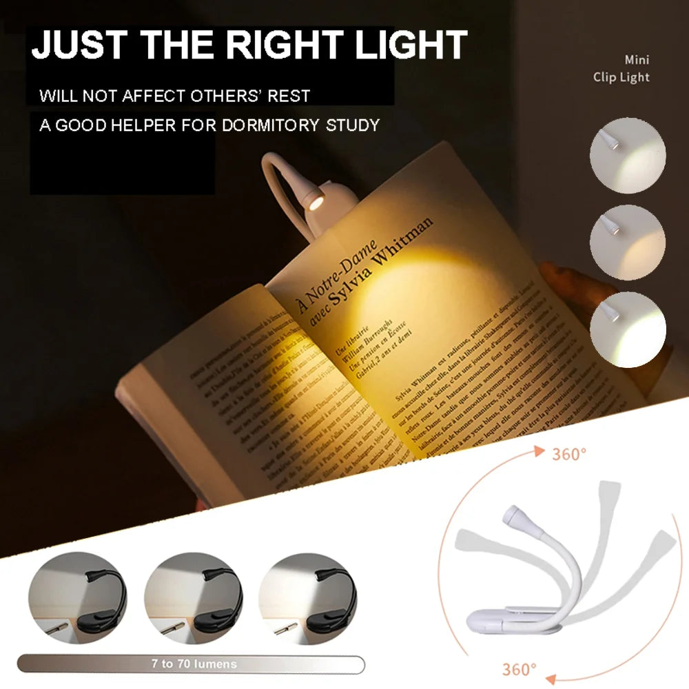 Luces LED portátiles para libros, luz nocturna recargable por USB para protección ocular, Mini 360 ° Clip-On Para Lámpara De Lectura Viaje Dormitorio Led